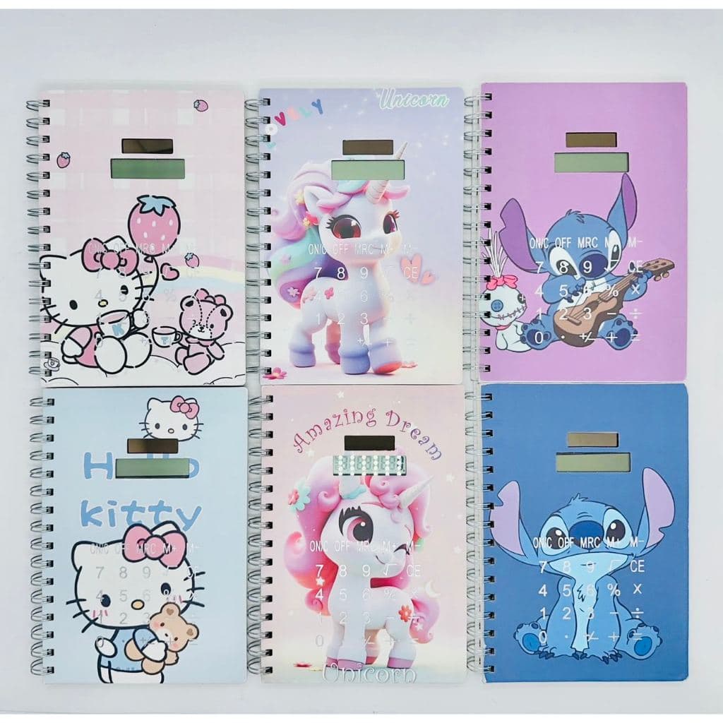 Caderno Multifuncional com Calculadora - Edição Unicórnio, Stitch e Hello Kitty