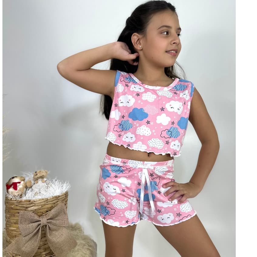 Babydool infantil juvenil croped verão pijama suede