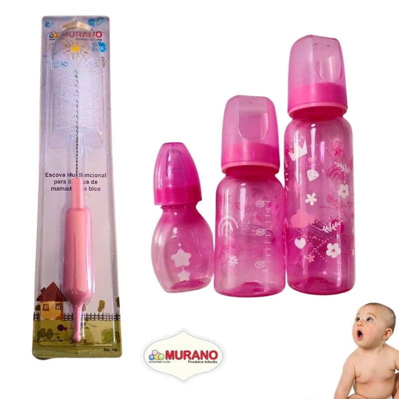 Kit com 3 Mamadeiras e Escova Limpa Mamadeira
