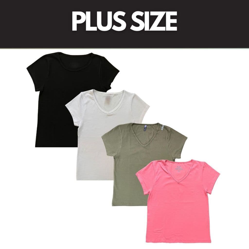 kit 4 blusas basica plus size feminina algodão manga curta decote V