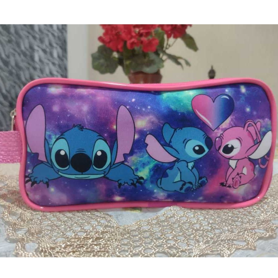 Estojo Escolar Infantil Stitch e Angel Rosa 2 Compartimentos Grande Aloha