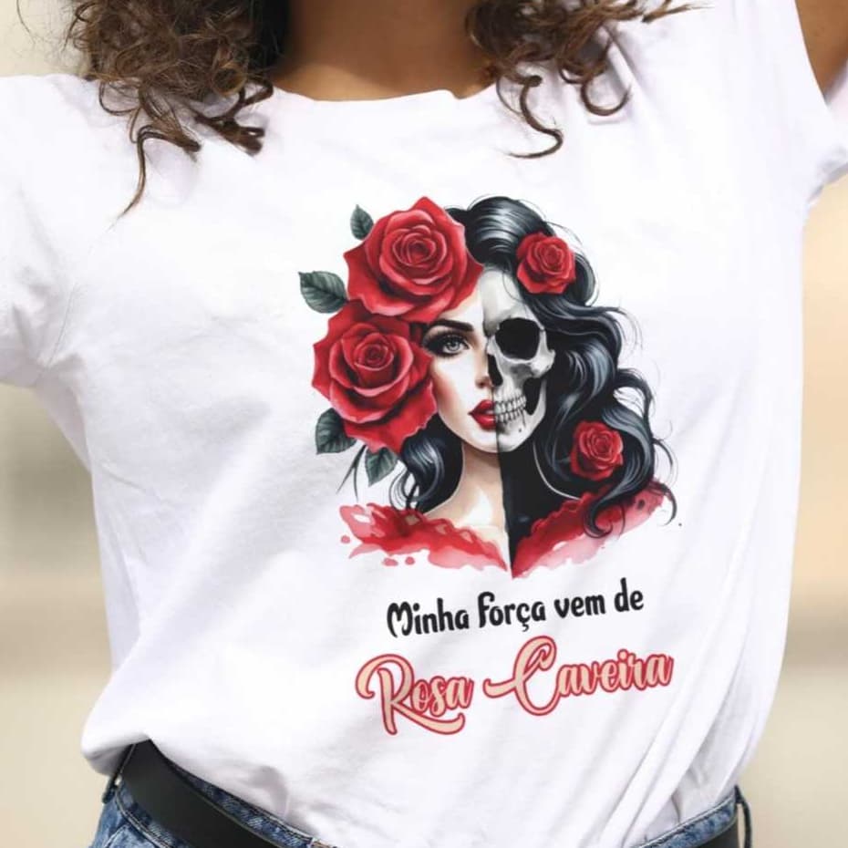 CAMISETA MINHA FORÇA - ROSA CAVEIRA - 100% POLIESTER