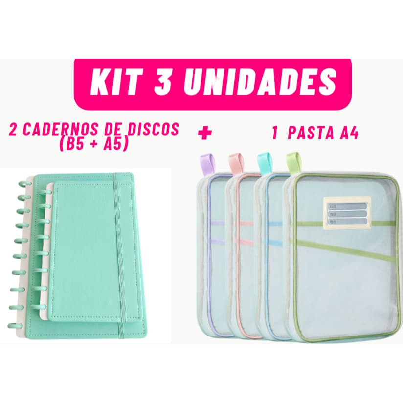 KIT CADERNOS DE DISCOS G (B5) + M (A5)  ESTILO INTELIGENTE - + PASTA COM BOLSOS INTERNOS A4 - CONJUNTO VOLTA AS AULAS