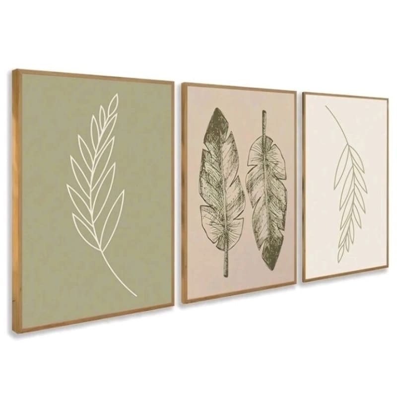 Quadro Decorativo Folhas Minimalistas Sala Quarto 3 Peças