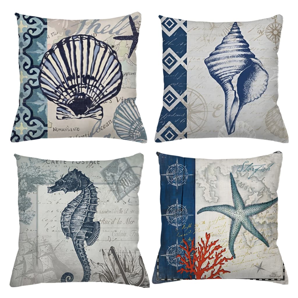 KIT 4 CAPAS DE ALMOFADAS DECORATIVAS OCEANO FUNDO DO MAR CONCHA OSTRA - TAMANHO 45X45