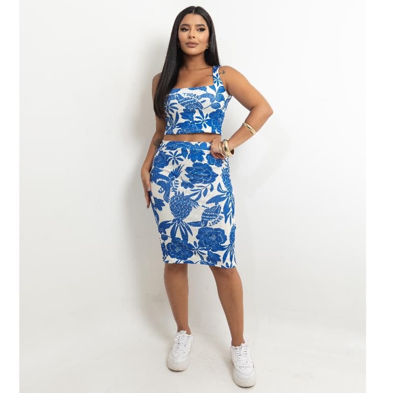 REF 41-  CONJUNTO FEMININO BLOGUEIRA MODINHA CANELADO CROPPED E SAIA