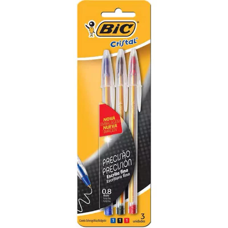 Caneta Bic Cristal Precisão Fina 0.8mm Blister com 03 Unidades