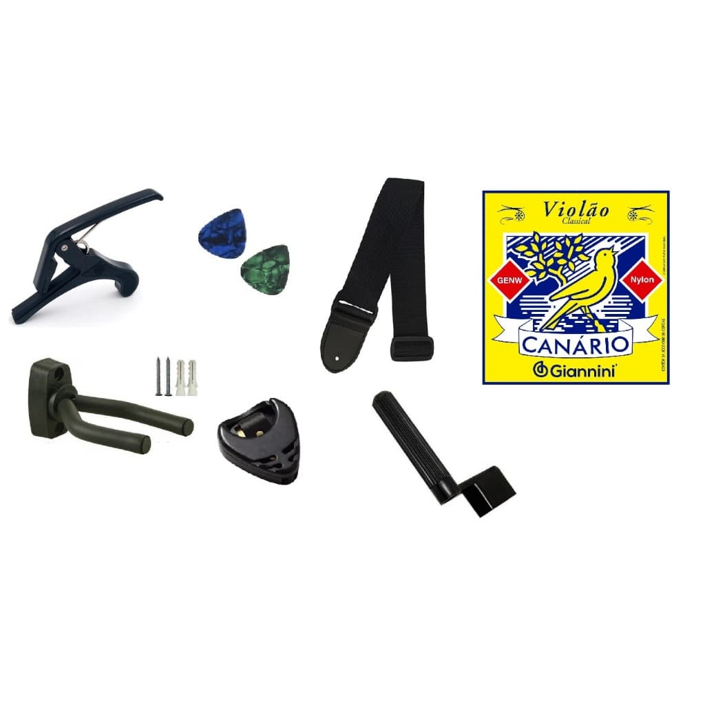Kit Cordas Violão Ny + Capotraste + Palhetas + Correia + Encordoador + Porta Palheta + Suporte