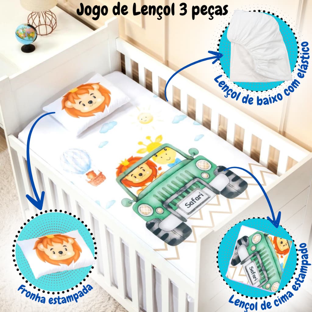 Jogo de lençol para BERÇO PADRÃO AMERICANO ou MINI BERÇO 3 peças baixo com elástico + cima + fronha