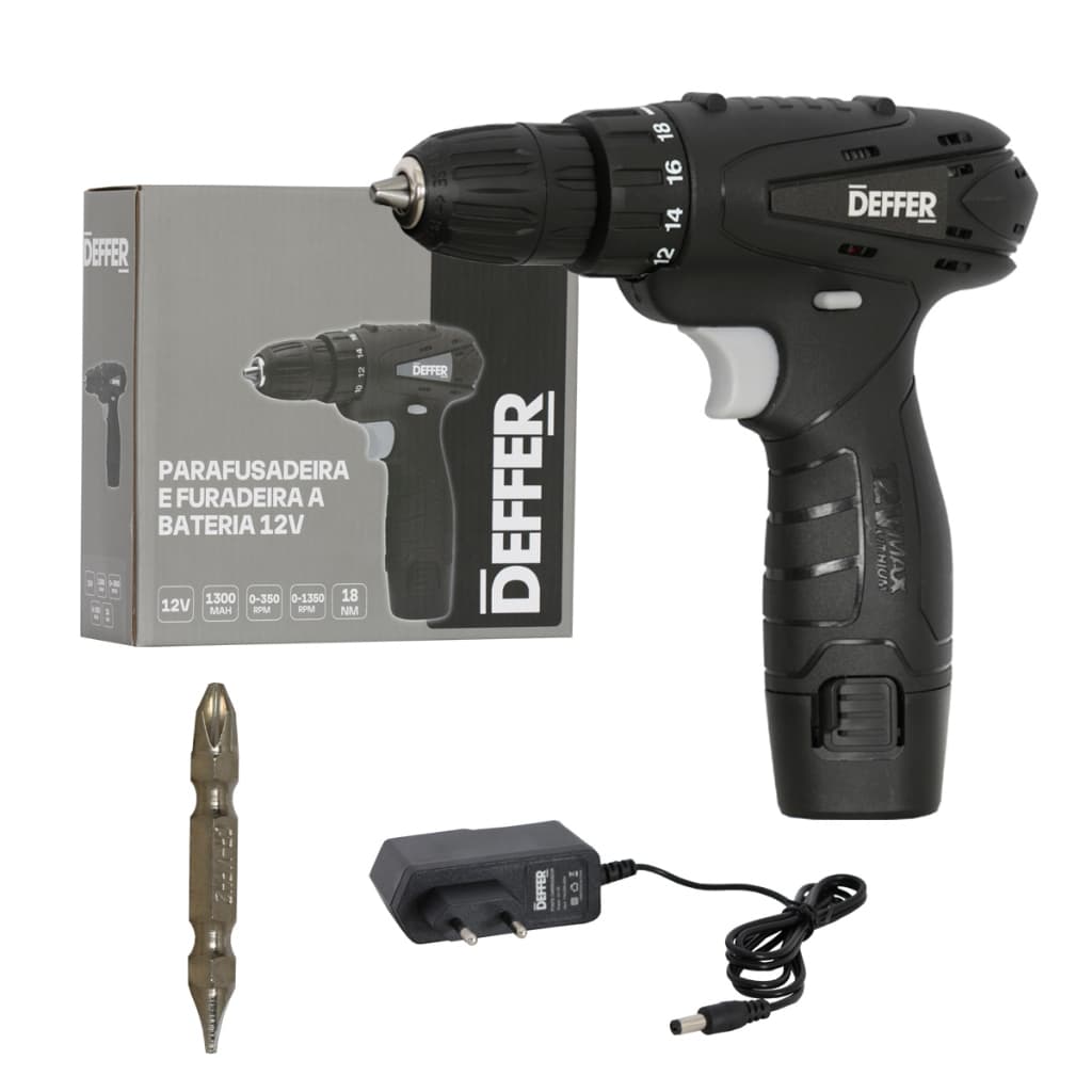 Parafusadeira e Furadeira a Bateria 12v C/ Luz de Led e Bits - DEFFER