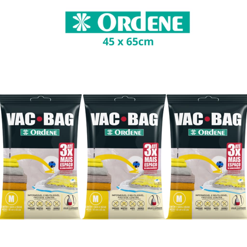 Kit 3 Sacos a Vácuo Médio 45x65cm Organizador de Roupas Malas Viagem Vac Bag Ordene Original