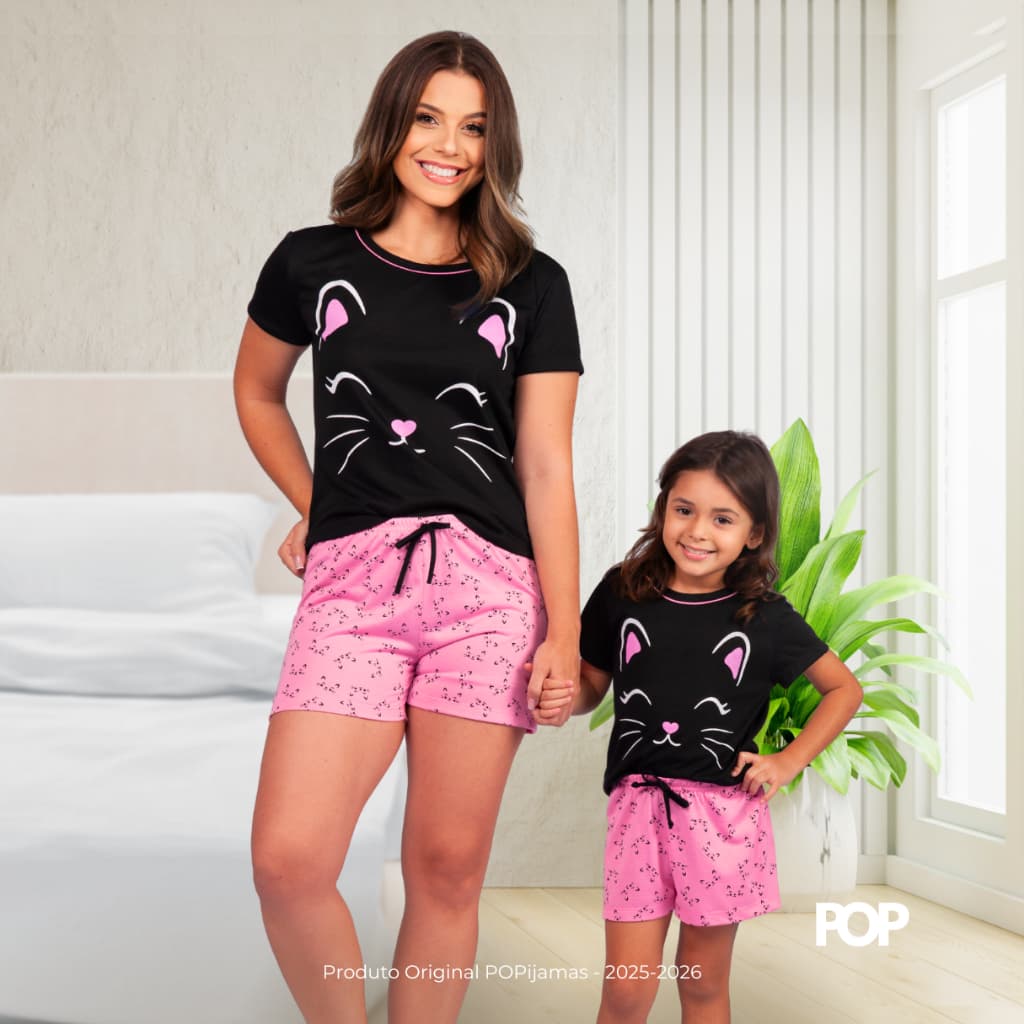 Kit 2 Baby Dolls Pijama Mãe e Filha Conjunto Gatinha Confortável POPijamas Blusa e Short Verão