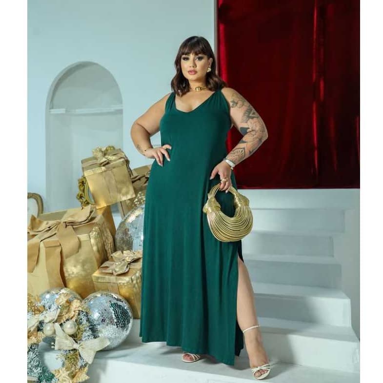 VESTIDO LONGO MUSGO PLUS SIZE VISCOLYCRA DECOTE EM V COM ABERTURA LATERAL VESTE DO 46 AO 52