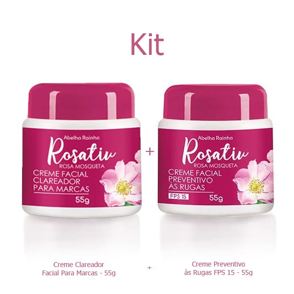 Kit Creme Preventivo às Rugas Facial Abelha Rainha Rosativ FPS15 + Creme Clareador Facial para Marcas 55g Rosavit