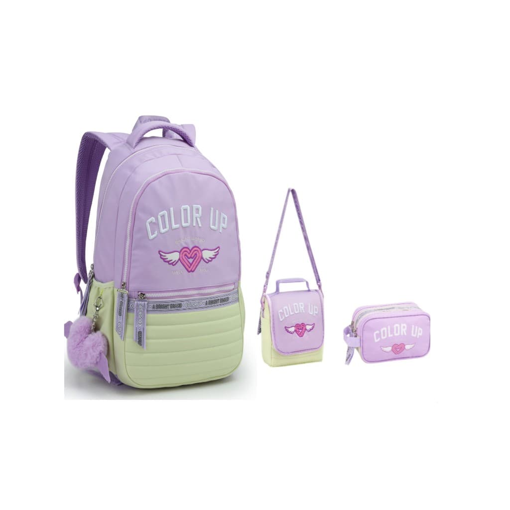 Kit Completo Mochila Color Up 18 Coracao Lancheira Estojo DUPLO