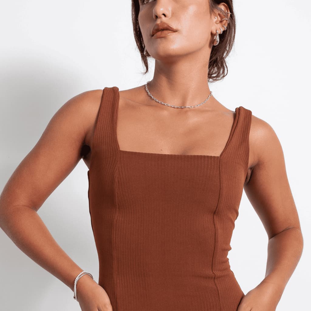 Body Feminino Canelado Premium M - Capucino e Preto - Decote Quadrado