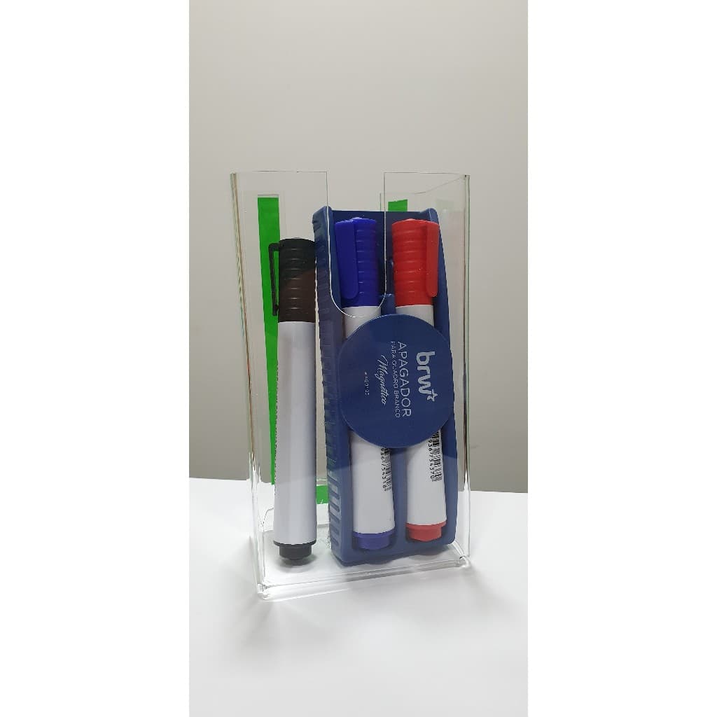 Kit Suporte Acrílico + Apagador Com 3 Canetas Pincel Atômico