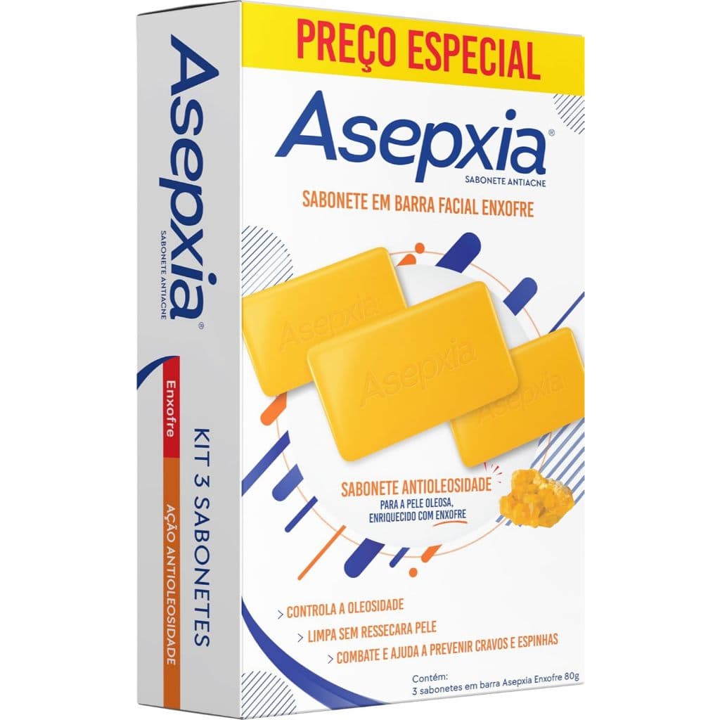 Kit Asepxia Sabonete Facial Enxofre 80g com 3 Unidades