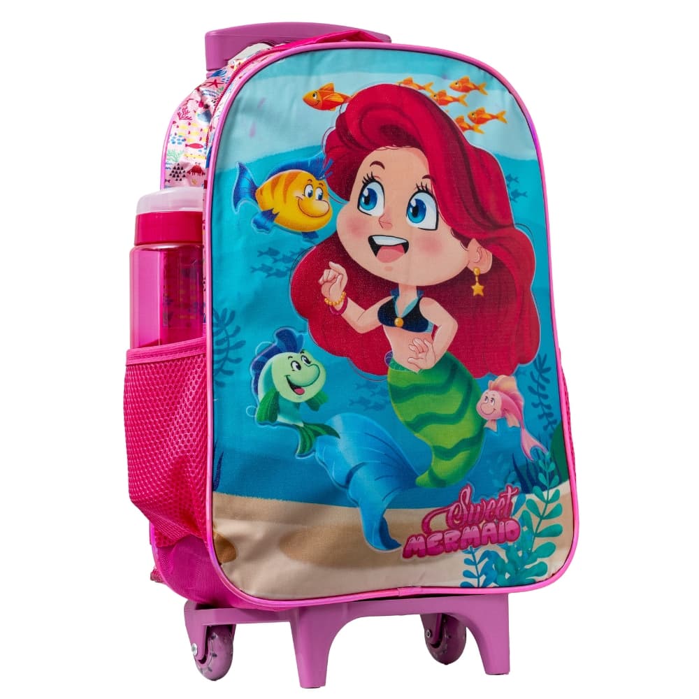 Bolsa Mochila Infantil Menina Escolar Carrinho Rodinha Sereia com Garrafa	de Água