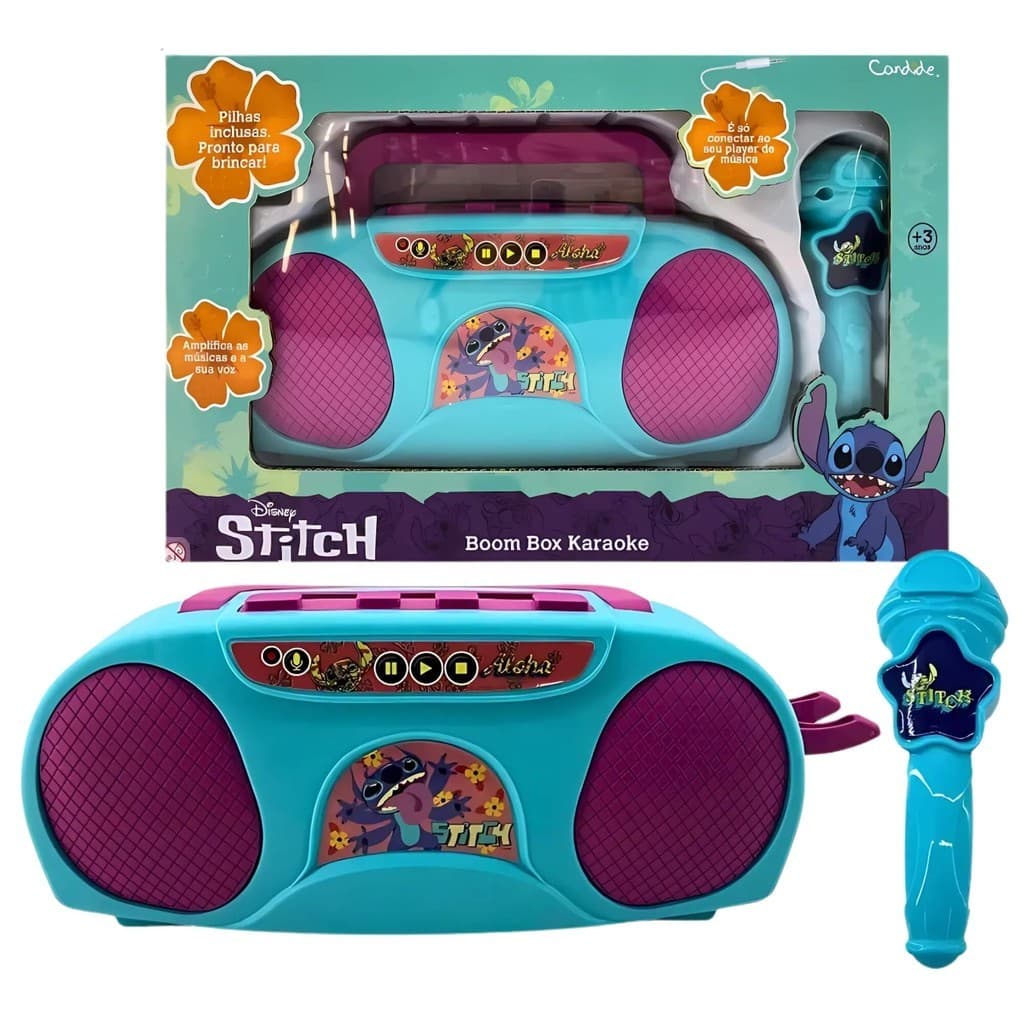 Karaoke Boombox Caixa de Som Infantil Karaokê Disney Stitch Pilhas Inclusas