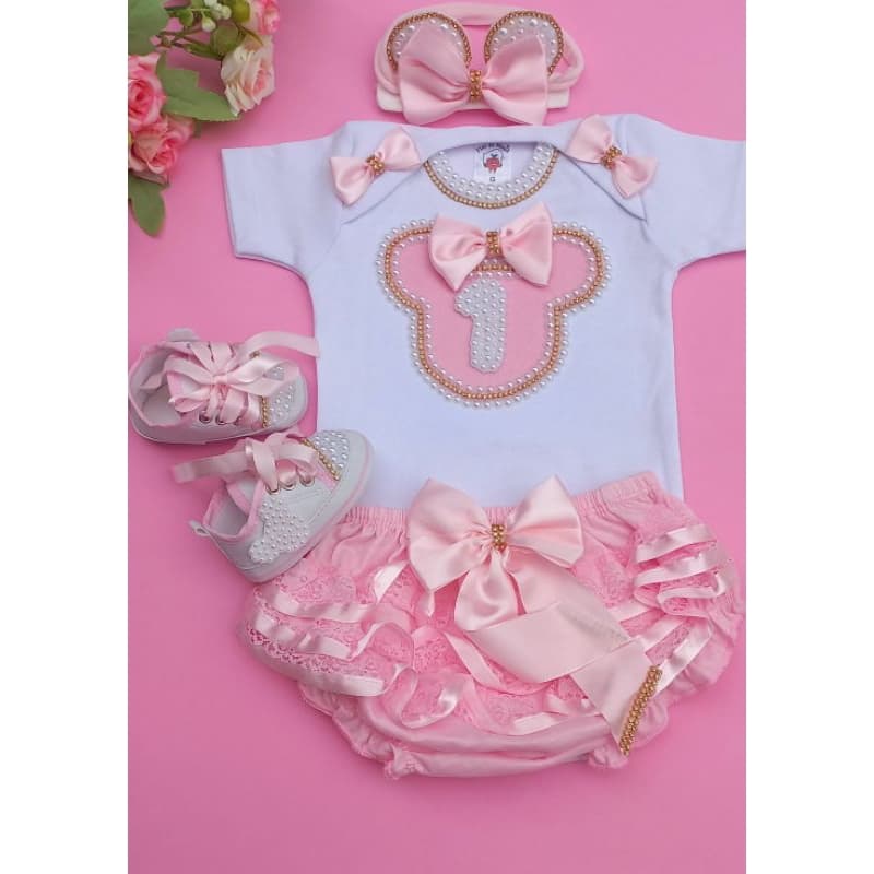 Body Mesversario Minnie Rosa/Body temático MinnieMouse/Calcinha bunda Rica lacinho tênis