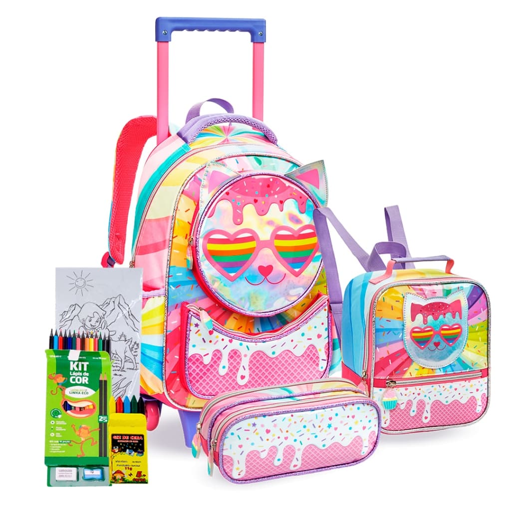 Kit Escolar Denlex Mochila Grande Estojo Box e Lancheira Térmica Coleção Gato Colorido Meninas