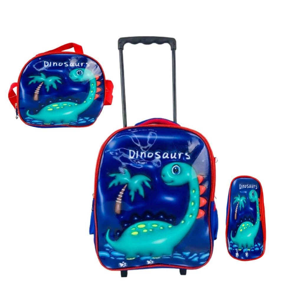 Kit Mochila Rodinha Dinossauro Azul Lancheira Térmica Estojo