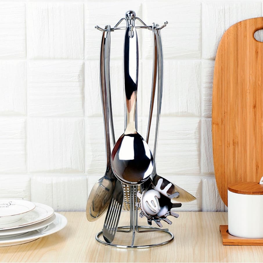 Jogo De Talheres Inox 7 Peças Suporte Kit Utensilios de Cozinha Concha Colher Espátula