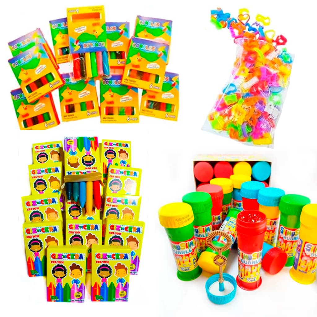 Kit 48 Brinquedos Divertidos c/ Massinhas de Modelar Bolha de Sabão Giz de Cera Lembrancinha Festa