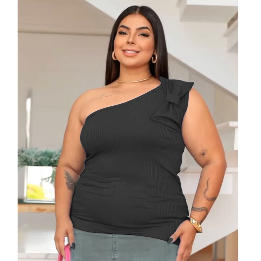 Blusa Feminina Plus Size Regata Mula Manca Canelado Com Elasticidade um ombro