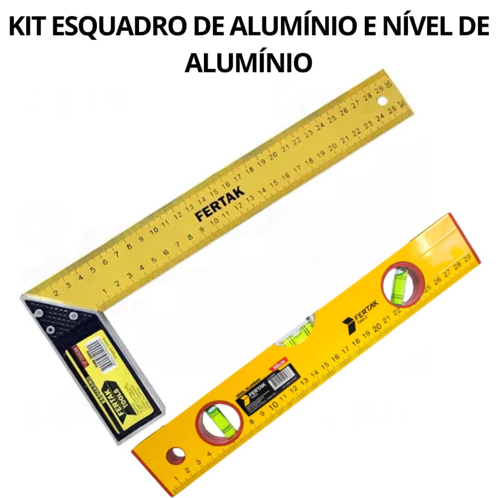 Kit 1 Esquadro Metal 12 Polegadas 30cm 1 Nível De Alumínio 3 Bolhas - FERTAK