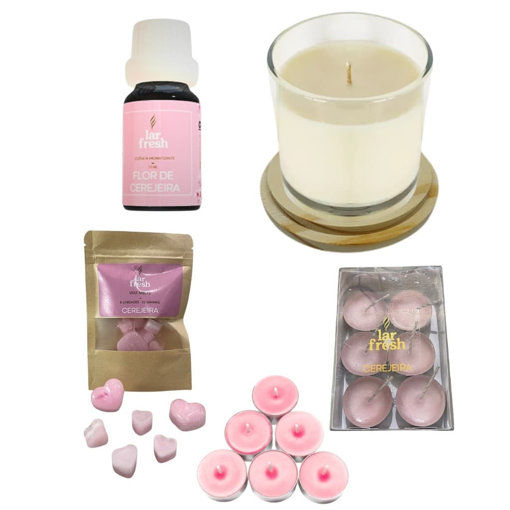 Kit Completo Cerejeira Essência + Vela 100g + 6 Mini Velas + Wax Melts - Lar Fresh