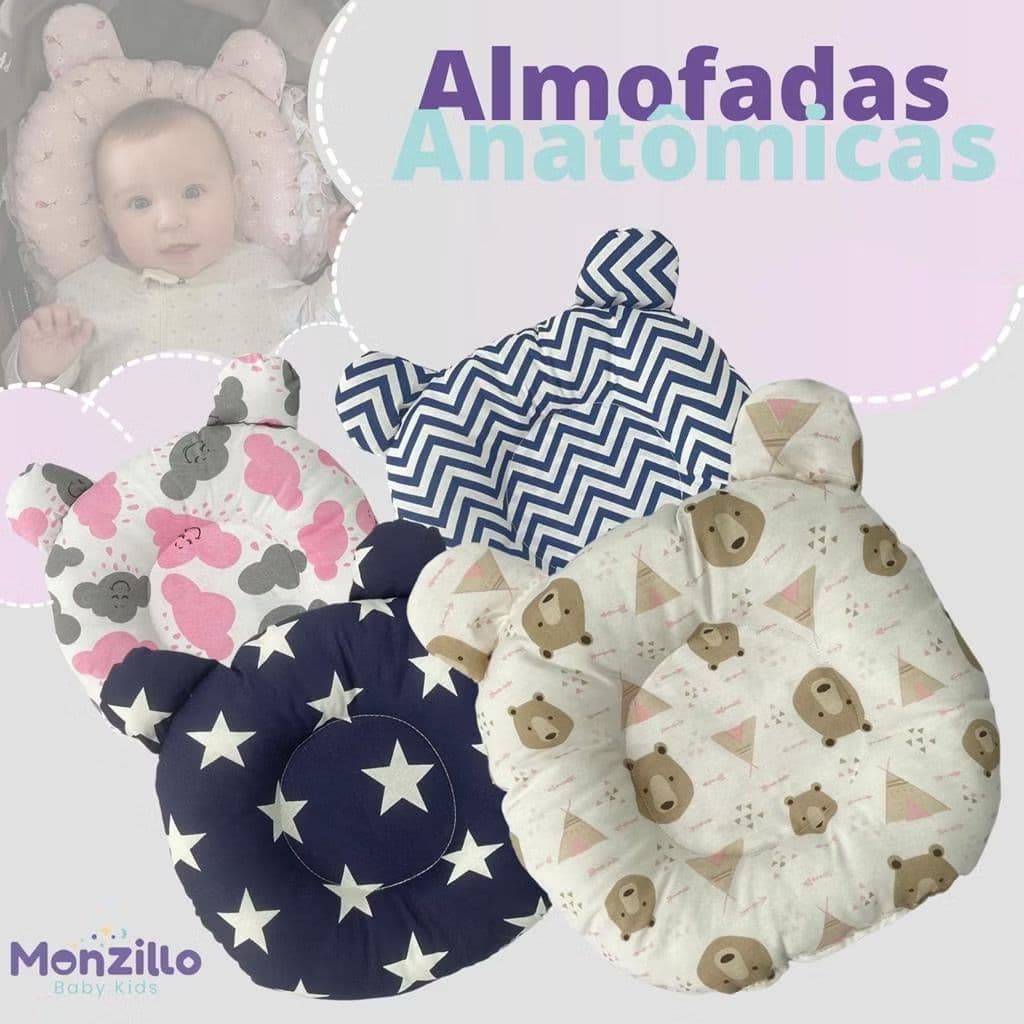 Travesseiro Anatômico Berço Carrinho Conforto Bebê Estampas