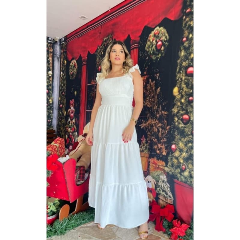 VESTIDO  LONGO, COM PLISSADO FRONTAL e LASTEX NAS COSTAS, MODA EVANGÉLICA