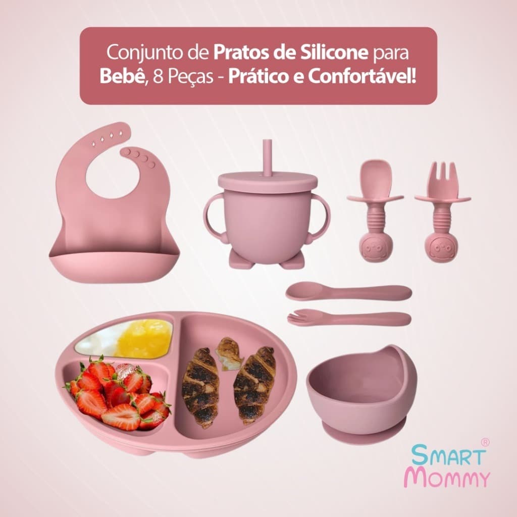Talheres bebê silicone 8 Peças kit Talheres Infantil Com Ventosa Canudo Colher Babador Garfo
