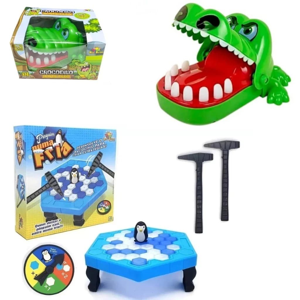 kit  Com 2 brinquedos interativo jacaré morde dedo dente e quebra gelo pinguim presente criança