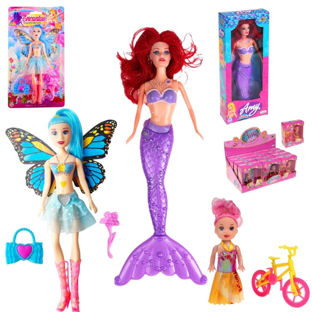 KIT COM 3 BONECAS AMY SEREIA,BONECA LITTLE PASSEIO,Boneca Fada Menina Com 2 Acessórios presente