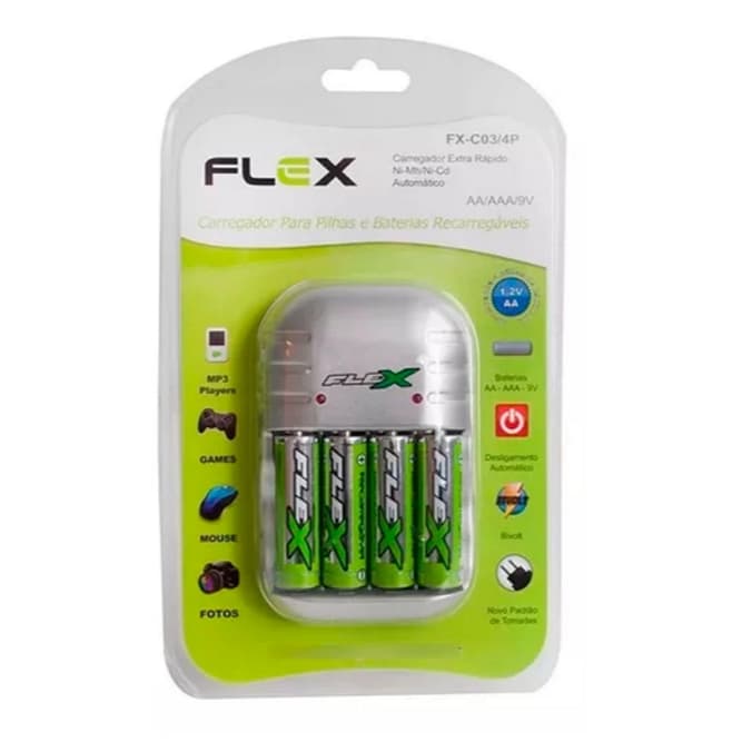 CARREGADOR DE PILHA AA / AAA / 9 V COM 4 PILHAS 2900 MAH FX-C03 AA