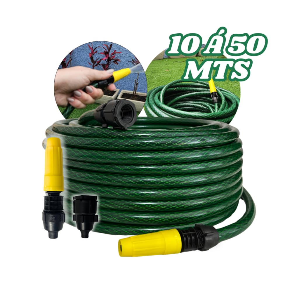 Mangueira de Jardim 10 á 50 Metros Trançada Reforçada com Conector e Esguicho para Quintal Flexível
