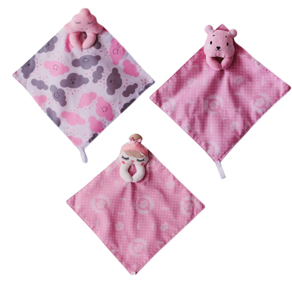 Kit 3 Naninhas de Bebê com Prendedor de Chupeta para Bebê Pelucia Botão de Pressão