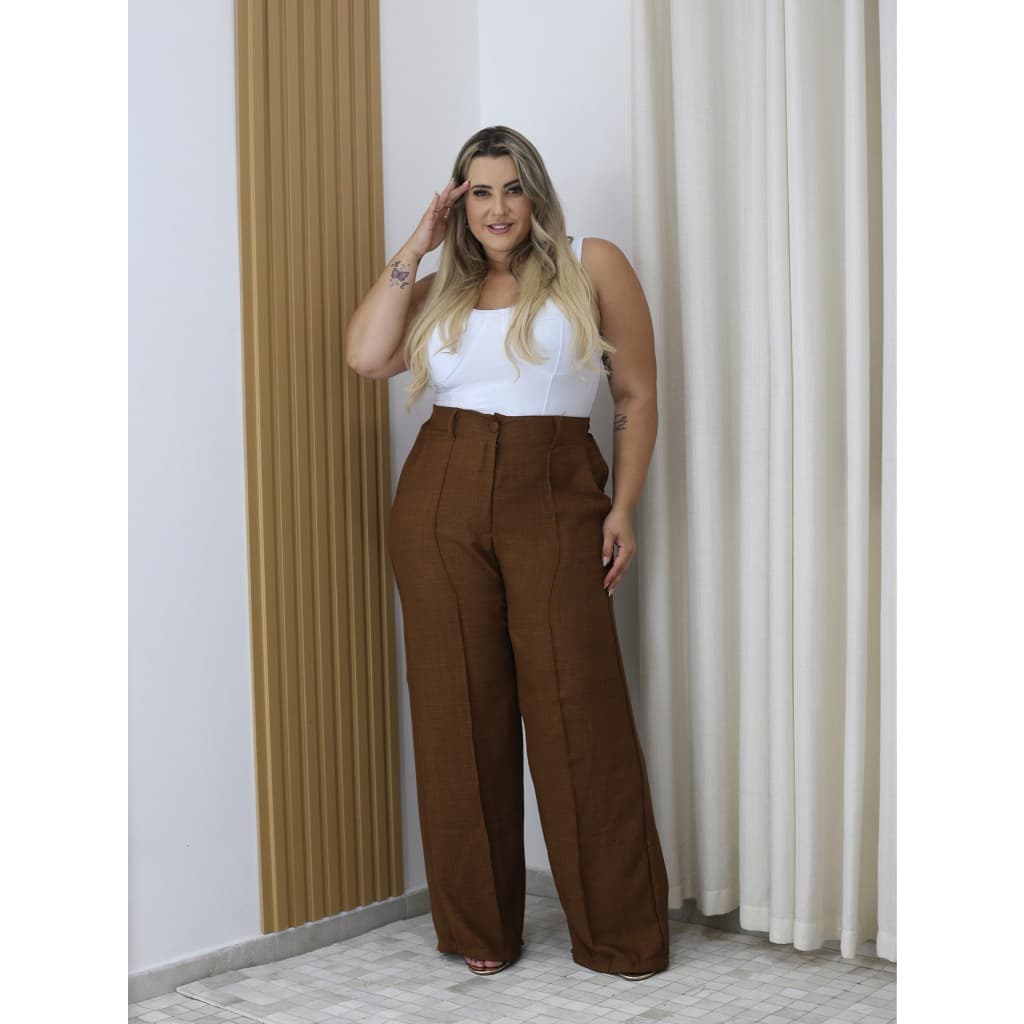 Calça pantalona plus size linho duna mole com bolso elastico traseiro 8818