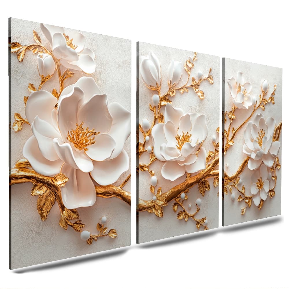 quadros flores tulipas rosas delicadas flores gold luxo dourado 3 peças para sala e quarto