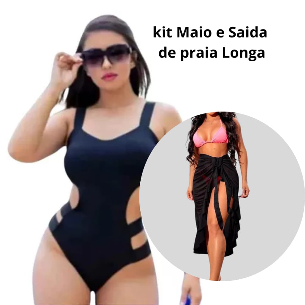 Kit Maiô Com Bojoneon Saída Praia Canga Pareô Babado Longa