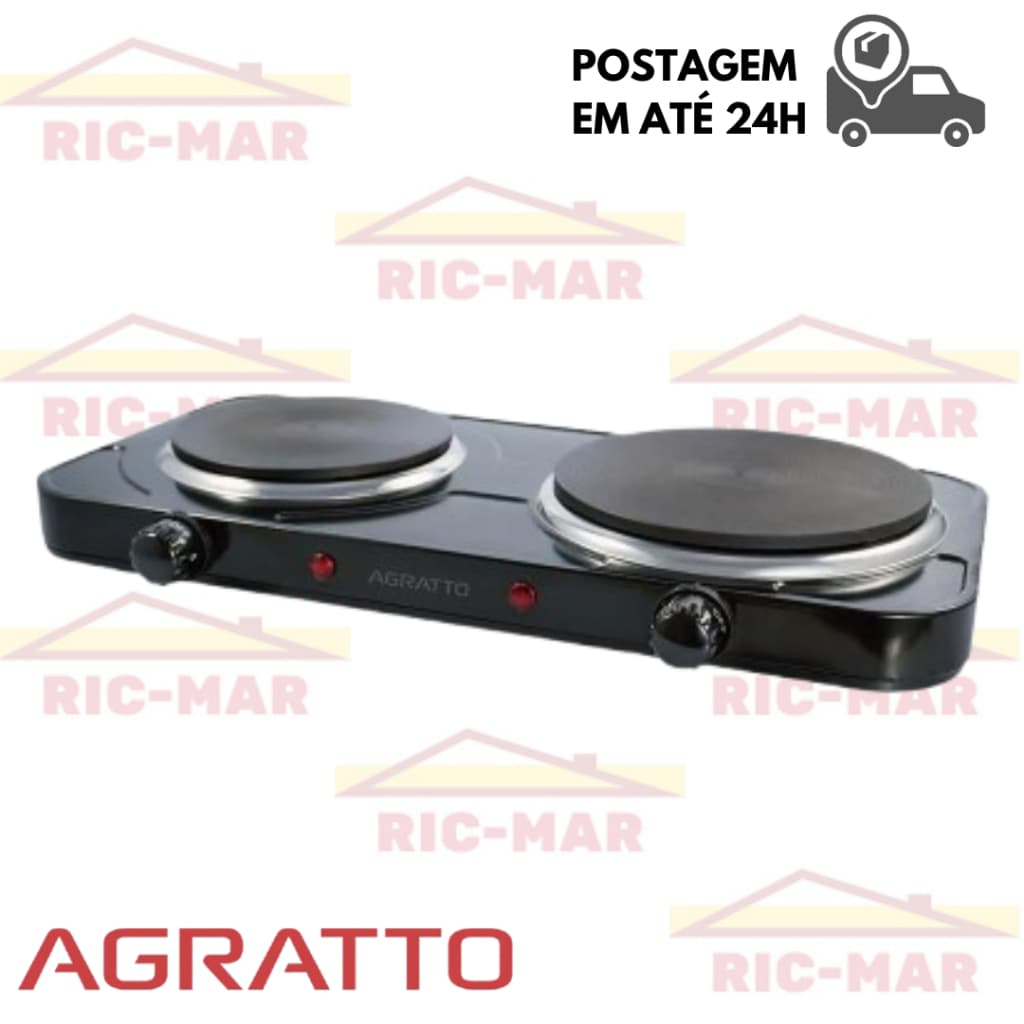Fogão Fogareiro Elétrico Portátil 2 Bocas 2500W de Mesa Camping Preto Temperatura Regulável Agratto