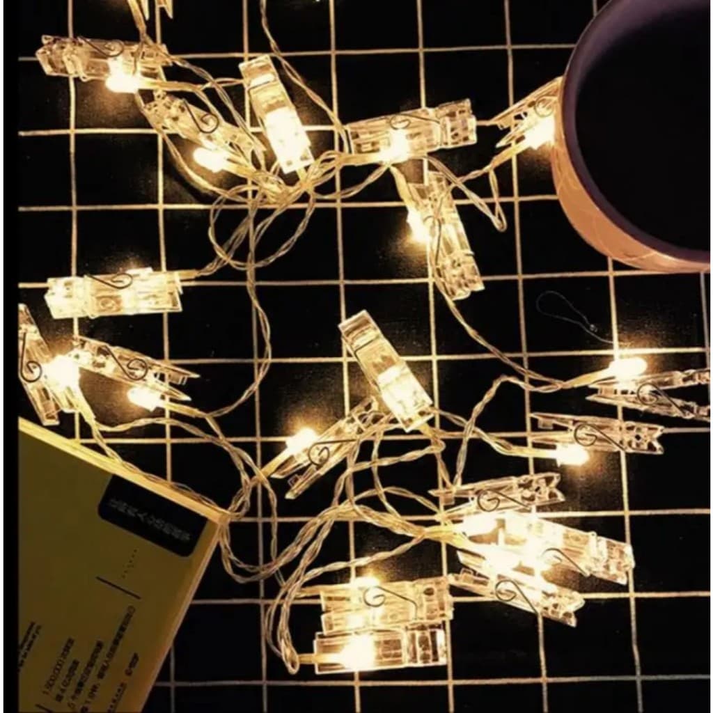 Varal de Luz Led Prendedores 2m com 10 Pregadores Fotografias Decoração Eventos Branco-Quente Pilhas