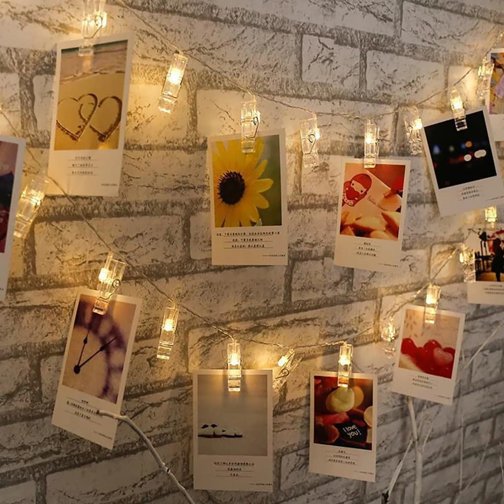 Cordão de Prendedores Led 2 Metros 10 Prendedores para Fotos Luz Amarela 2 Pilhas AA Decoração Festa