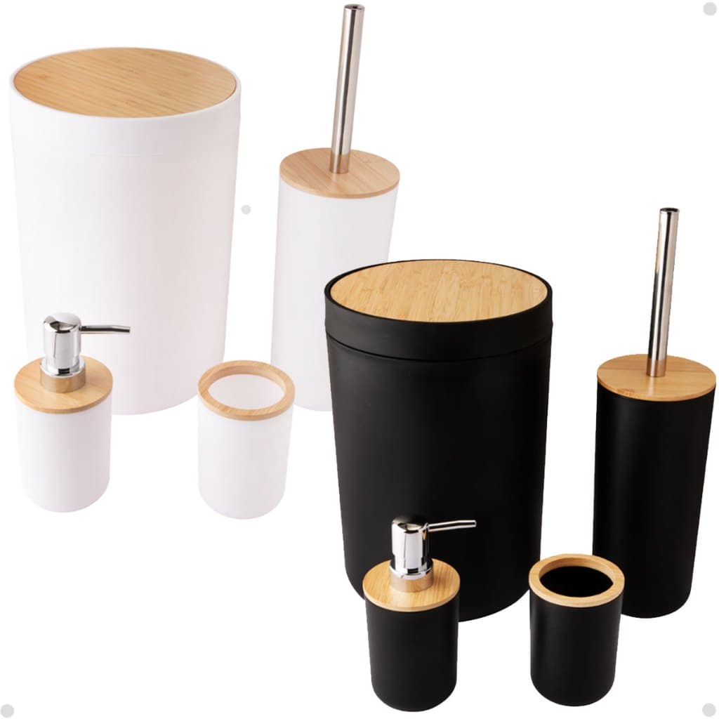 Kit Banheiro Lixeira Basculante Bambu Luxo Conjunto Lavabo Saboneteira de Banheiro e Escova Sanitária 4 peças