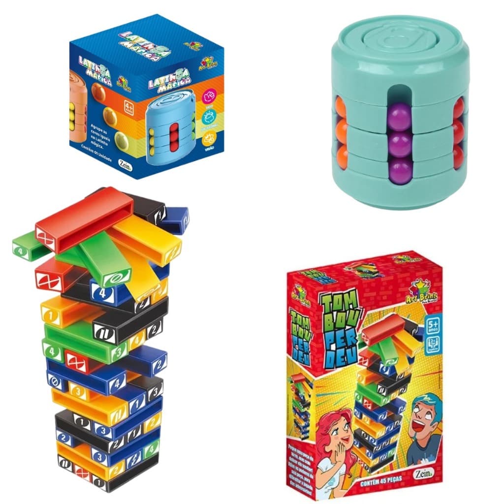 kit com 2 Brinquedos jogo tombou perdeu e latinha cilindro magico 4d brinquedos crianças