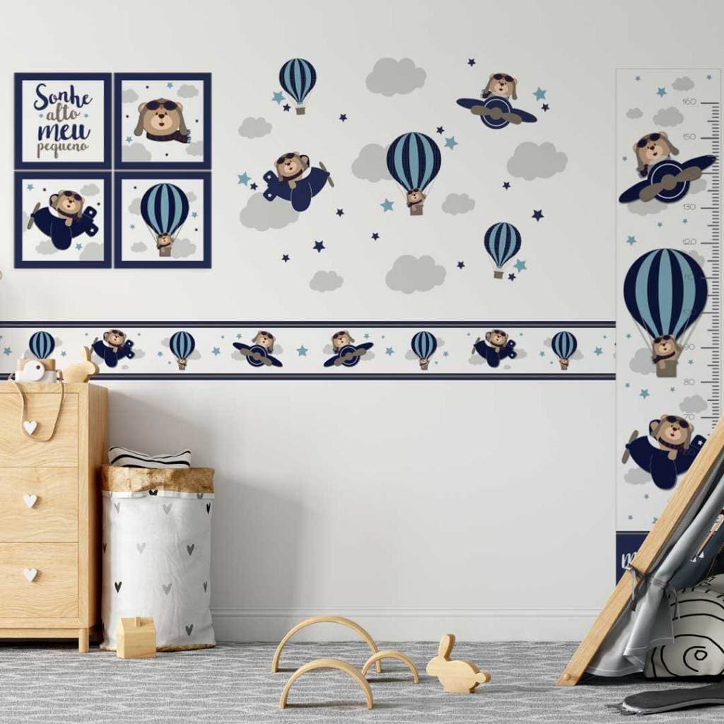 Combo Adesivo Decorativo Urso Aviador Azul Marinho