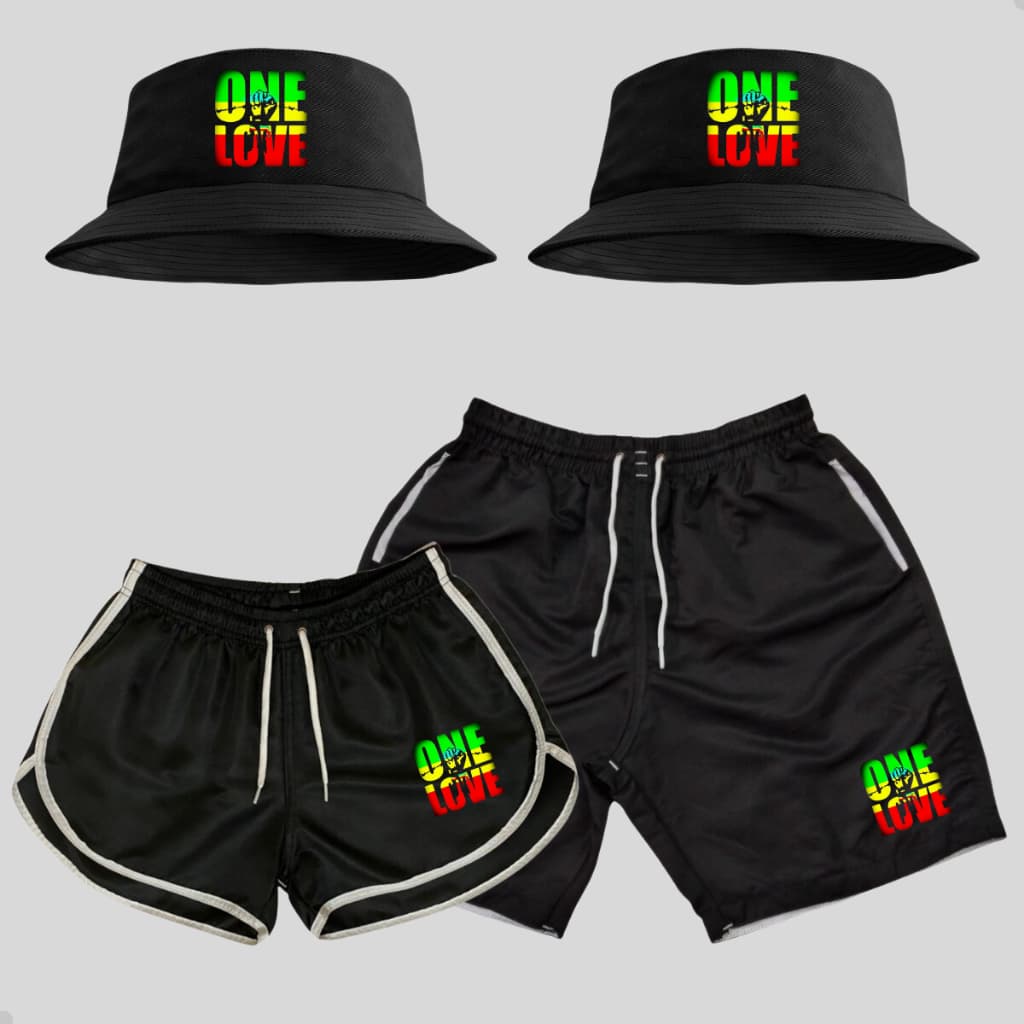 Conjunto Shorts de Praia Casal + Kit Casal 2 Chapéu Bucket Hat One Love Bob Marley